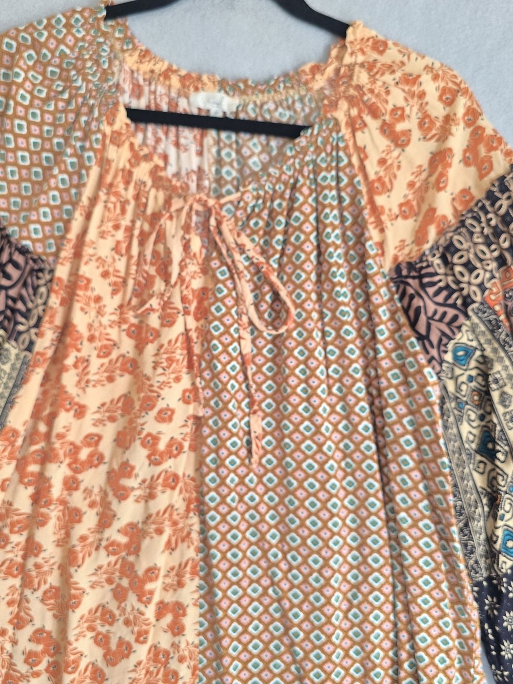 Easel Peach Multi Patchwork Boho Blouse Oversize Fun Western Bubble Sleeves Cute - Picture 7 of 11